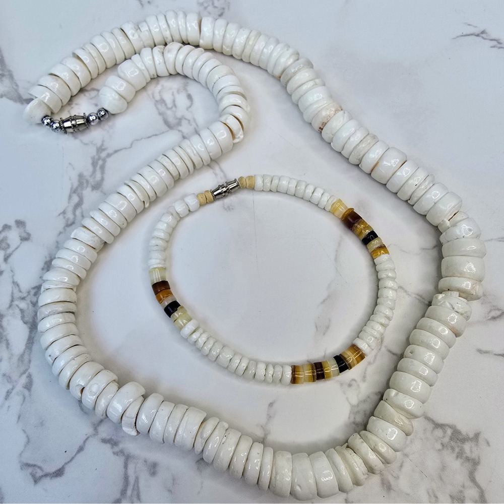 Vintage White Puka Shell Necklace and Bracelet Set Coastal Boho Heishi